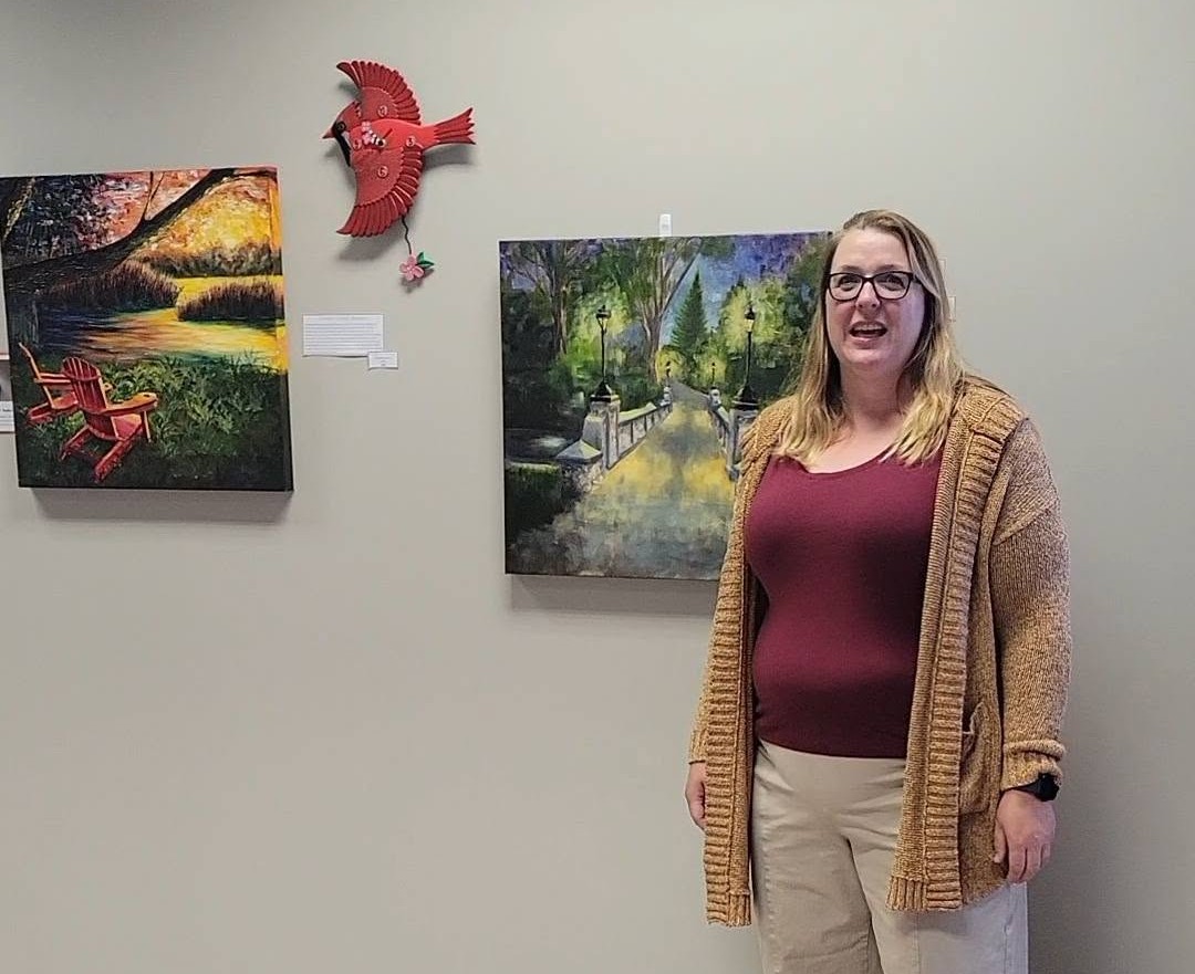 Paintings by local artist Andrea Kubis on display and available for purchase at Wrobel Massage Therapy in Kingsville, Ontario.