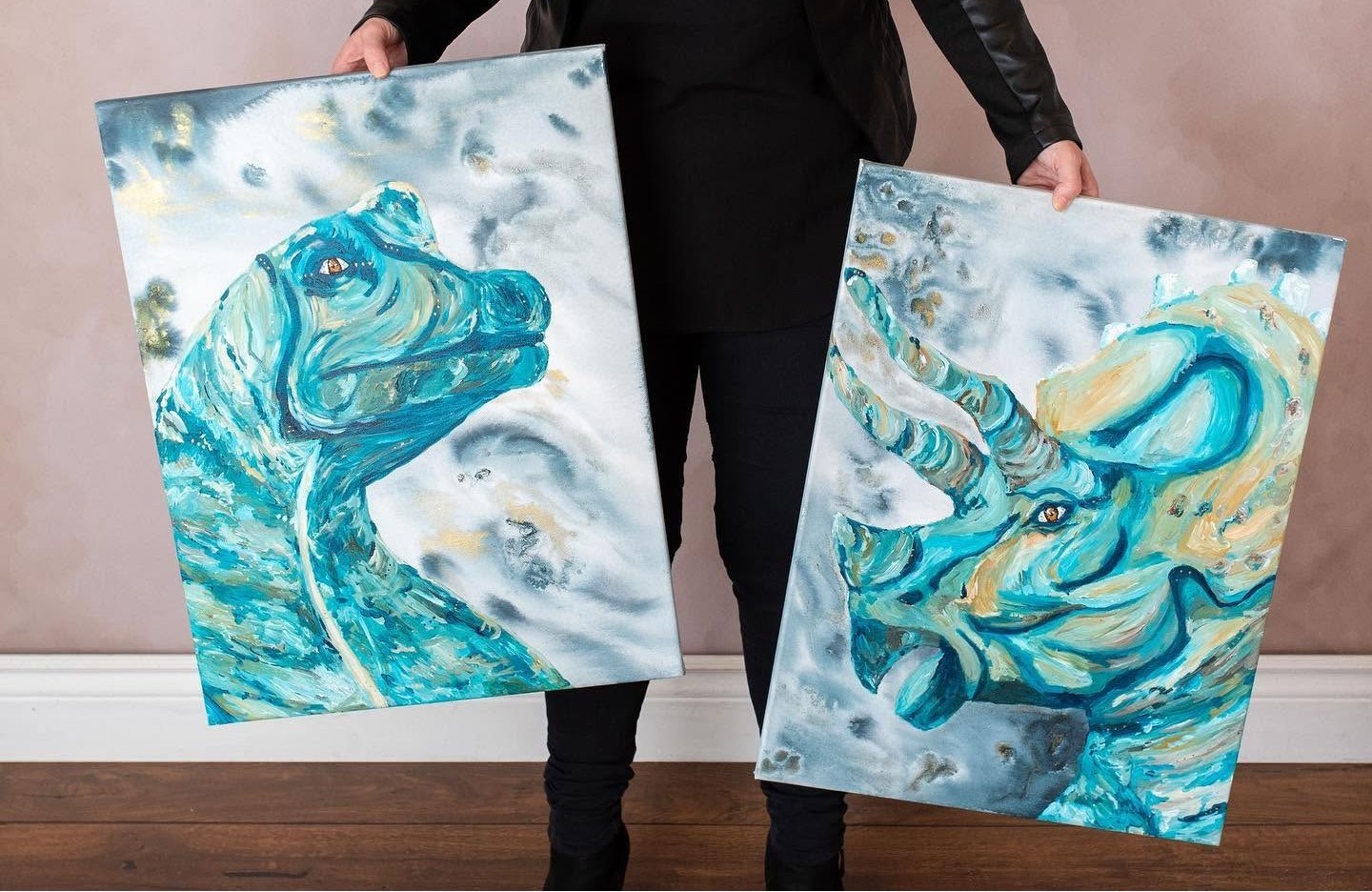 Paintings by local artist Kacie Auffert on display and available for purchase at Wrobel Massage Therapy in Kingsville, Ontario.