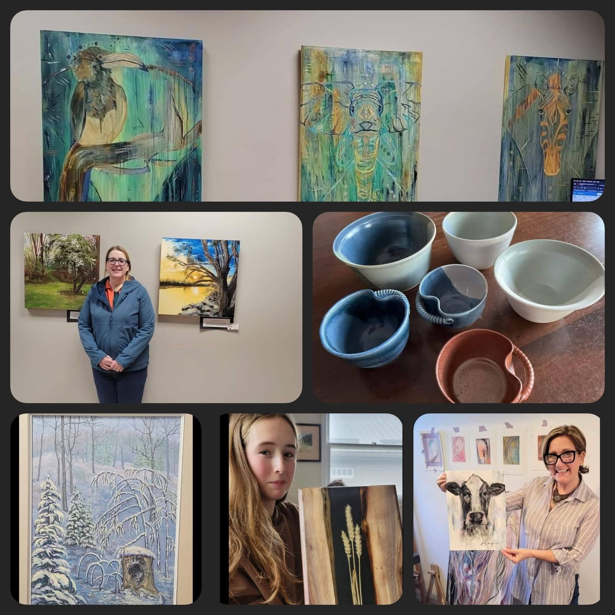Examples of artwork by local artists displayed at Wrobel Massage Therapy.