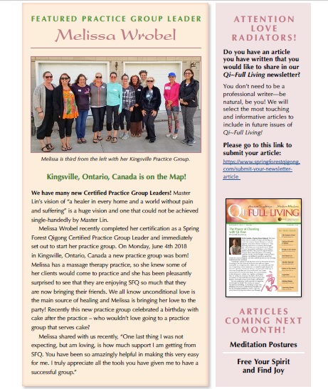 Melissa Wrobel's Qigong practice group featured in Qi-full Living Magazine, 2018
